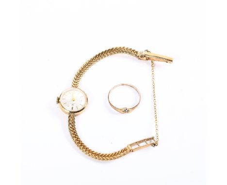 A lady's 9ct Tissot mechanical bracelet watch, working order, 12.7g gross, and a 9ct on silver heart ring (2) 