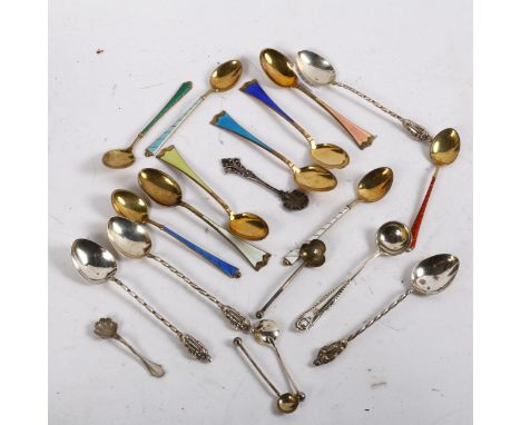 Various silver spoons, including 5 Danish silver and harlequin enamel coffee spoons by Egon Lauridsen, 3oz total 
