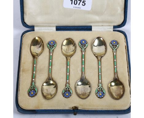 A set of George V Art Deco silver and enamel floral coffee spoons, by Turner &amp; Simpson, hallmarks Birmingham 1931, length