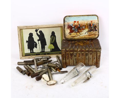 A Huntley &amp; Palmers biscuit tin, corkscrews, print etc 