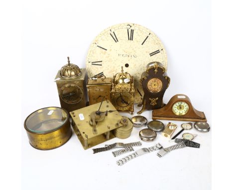Various clocks and parts, including dial signed R Greene of Norwich, miniature lantern clocks etc (boxful) 