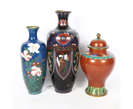 3 Japanese cloisonne enamel vases, largest height 37cm 