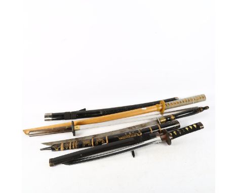 An Oriental reproduction sword in gilded wooden scabbard, 95cm, and 3 other Eastern reproduction swords 