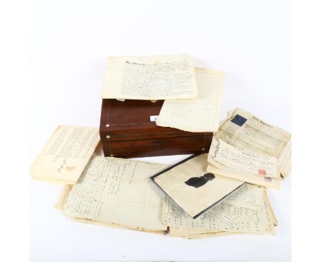 19th century box with inlaid mother-of-pearl motifs, containing interesting 19th century and other handwritten letters, inden