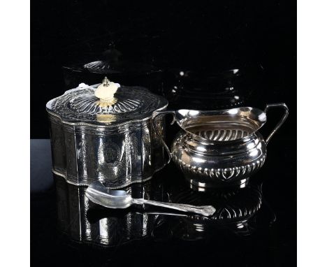 Victorian silver plate on copper caddy of shaped form, with allover engraved decoration, a silver plated sugar bowl and spoon