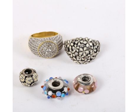 3 Pandora charms, a Pandora silver and white enamel ring, a silver-gilt stone set ring etc 