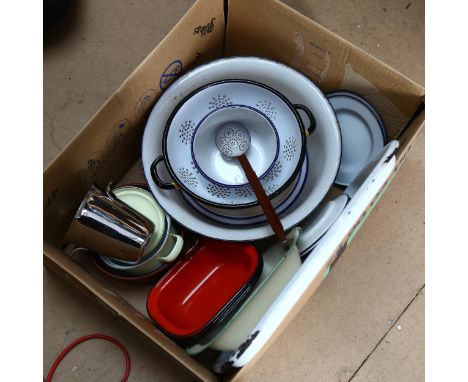Various enamel kitchenalia, including colander, plates, baking dishes etc (boxful) 