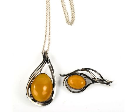 2 large Scandinavian sterling silver and amber pieces of jewellery, comprising pendant necklace and brooch, pendant height 64