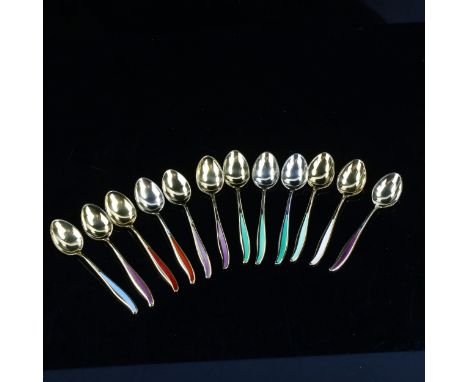 ABSA - a set of 12 Danish vermeil sterling silver and harlequin enamel coffee spoons, length 9cm 