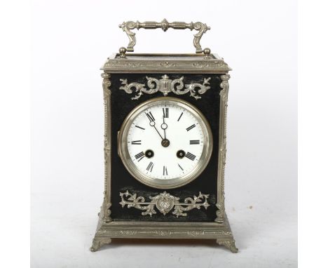 A plated brass-mounted 8-day mantel clock, white enamel dial with Roman numeral hour markers, case height 23cm, with pendulum