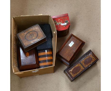 Various boxes, including mahogany tea caddy, Sheritan style cracker tin (boxful) 