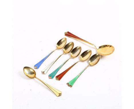 DAVID ANDERSEN - a set of 6 Norwegian vermeil sterling silver and harlequin enamel coffee spoons, and a matching preserve spo