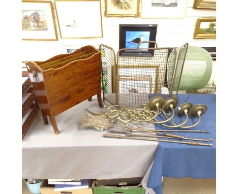 A Brass folding firescreen, companion set, wall lights, magazine rack etc.