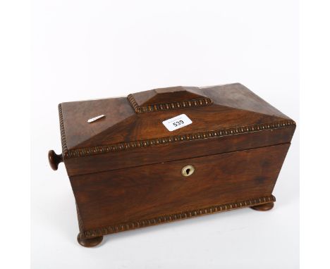A Victorian sarcophagus tea caddy with part fitted interior, length 34cm overall 
