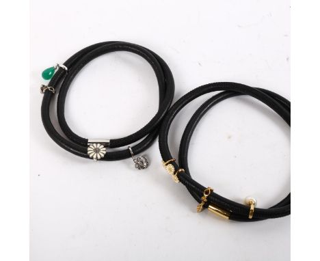 CHRISTINA - 2 leather-wrap bracelets, with sterling silver and enamel pearl stone settings 