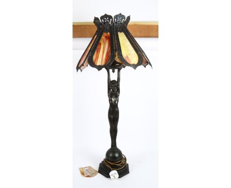 A large reproduction spelter figural table lamp, with mottled glass shades, height 98cm (1 panel broken) 