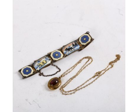 A small Victorian unmarked gold and garnet Etruscan style photo locket pendant necklace, and a Norwegian silver and enamel pa