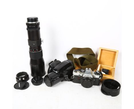 Vintage cameras and accessories, including Olympus OM10, Olympus IS-1000, Vivitar telephoto lens etc (boxful) 