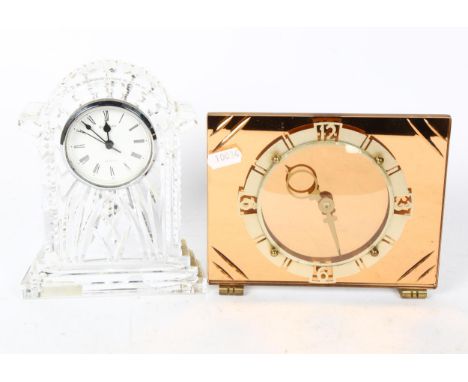 An Art Deco peach glass mantel clock, and a Waterford Crystal quartz mantel clock, height 18cm (2) 