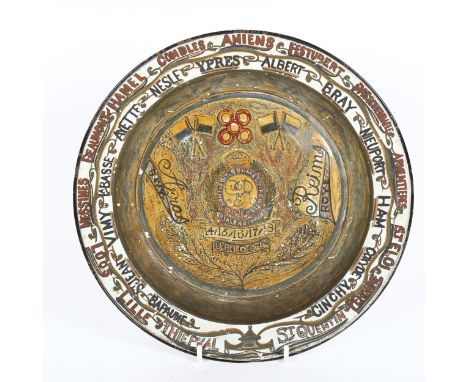 A First World War Period George V Royal Engineers hand painted enamel plate, diameter 26cm 
