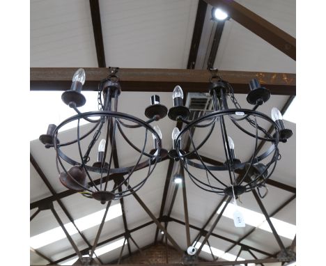 A pair of wrought-metal 5-light chandeliers, 46cm diameter approx, and a brass light fitting 