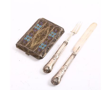 A silver filigree and enamel cigarette case, 9cm x 7cm, and a silver-bladed dessert eating set (2) 