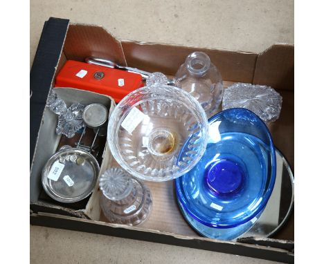 Various glass, sewing machine attachments, and a small scale 