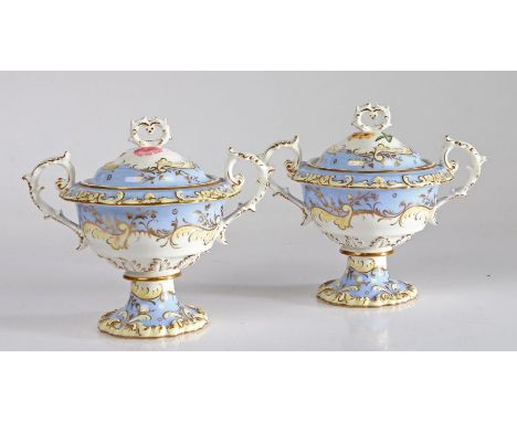 Pair of Chamberlains Worcester sauce tureens and covers, the scroll moulded pierced finials above foliate decorated domed lid