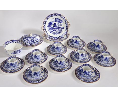 Grainger &amp; Co Worcester part service, in blue transfer pagoda design, to include ten cups, ten saucers, ten plates, a tur