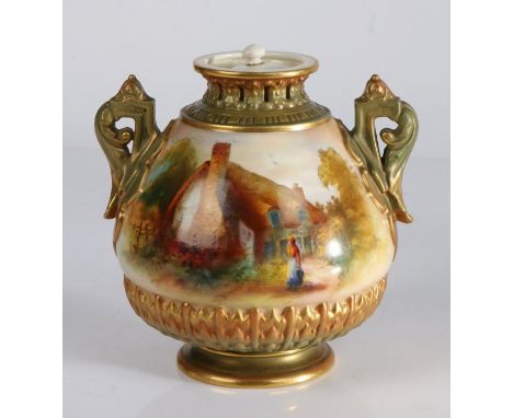 Royal Worcester vase, the pierced moulded neck flanked by two pierced canthus leaf handles, the body decorated with a thatche