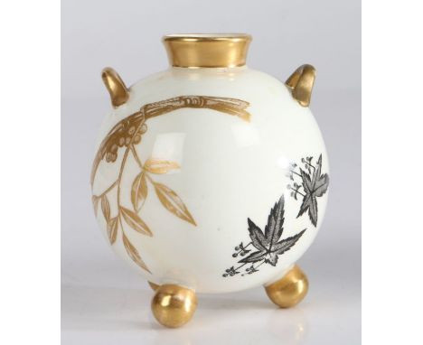 19th Century Royal Worcester porcelain vase, or orb form with gilt tapering neck and twin handles, the body with polychrome f