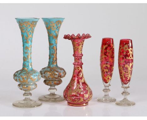 Bohemia glass vases, to include pair of turquoise and clear glass vases with gilt scroll and white enamel dot decoration, rub