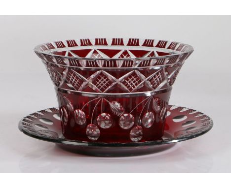 19th Century Bohemian glass bowl and similar plate, the bowl with red and clear glass body decorated with stylised cherries, 