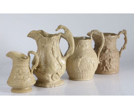 Four early to mid 19th Century relief moulded jugs, circa 1830-1850, the first by C J Mason 1845-50, Falstaff, 19.5cm high, t