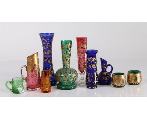 Bohemia glass ware, to include green, ruby and blue glass vases, blue glass ewer, scent bottle, two small green glass pots, M