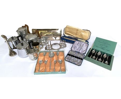 Assorted silver plate, including a toast rack, assorted flatware, also several teapots etc. (a lot)