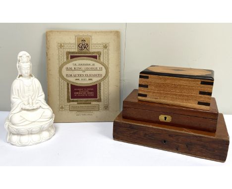 Assorted items, including various vintage cases of draughtsman's tools, also a modern Chinese ceramic figure of Guanyin (a lo