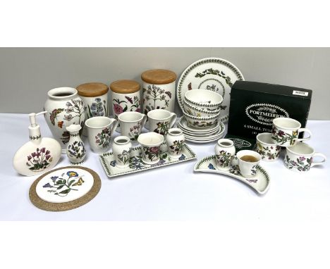 A large assortment of Portmeirion including various covered jars, place mats, glasses, and other vessels (a lot)