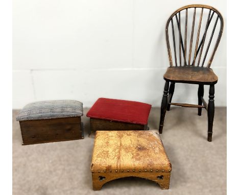 Thee padded box/footstools and a kitchen ash framed stick back chair