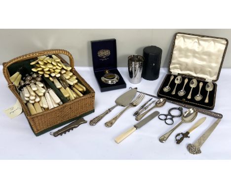 A selection of silver and plated flatware and related, including a cake slice, cased set of silver spoons etc. (a lot)
