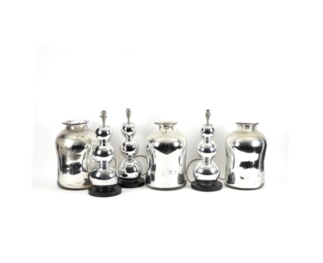 THREE LARGE SILVERED GLASS APOTHECARY STYLE JARS / VASES AND THREE BOBBIN TABLE LAMPS (6)Modern The vases, 40cm; The lamps, 4