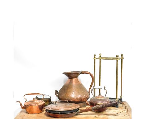 COPPER AND BRASS; A SIX DIVISION STICK STAND (6)31cm wide; 20cm deep; 61cm high; together with a barometer, a harvest jug, tw