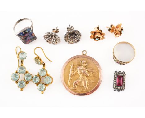 THREE PAIRS OF EARRINGS, TWO RINGS AND TWO FURTHER ITEMS (10)Comprising; a pair of pale blue paste and gilt metal pendant ear