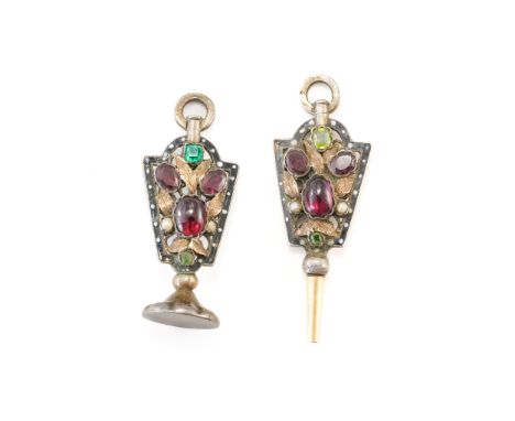 A GARNET SET WATCH KEY AND MATCHING FOB SEAL (2)Each mounted with a carbuncle garnet, two faceted oval garnets, seed pearls a