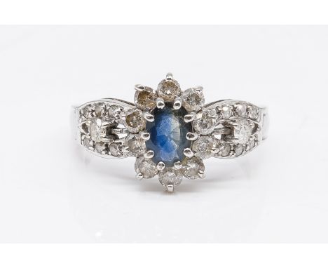A 9CT WHITE GOLD, SAPPHIRE AND DIAMOND CLUSTER RINGClaw set with the oval cut sapphire at the centre, in a surround of circul