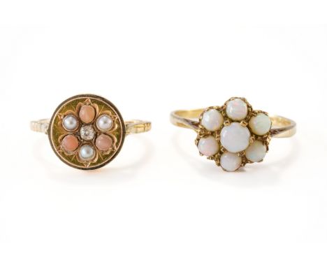 TWO GOLD AND GEM SET RINGS (2)Comprising; a 9ct gold and opal seven stone cluster ring, ring size Q½, gross weight 2.1 grams 