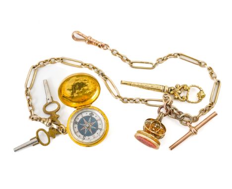 A GOLD WATCH CHAIN WITH FIVE FITTINGS (6)The bar and oval link watch chain detailed 9 C fitted with two differing gold swivel