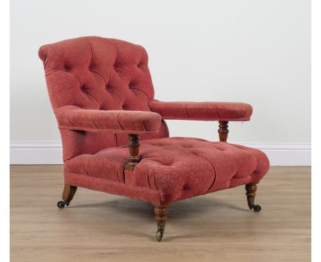 HOWARD AND SONS; A LATE 19TH CENTURY WALNUT FRAMED OPEN ARM EASY CHAIRStamped to the back leg and all four castors, 77cm wide