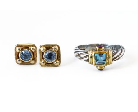 A DAVID YURMAN SILVER AND GOLD, BLUE TOPAZ AND CABOCHON RUBY RING AND A PAIR OF EARSTUDS (3)The ring mounted with a square st