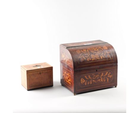 A 19TH CENTURY DUTCH MARQUETRY INLAID DESK TIDY (2)29cm wide; 20cm deep; 25cm high, and a 19th century satinwood twin divisio
